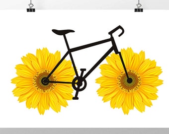 Happy Sunflower Bicycle art print, Bike poster, Mixed media Decorative art POSTER 8x10