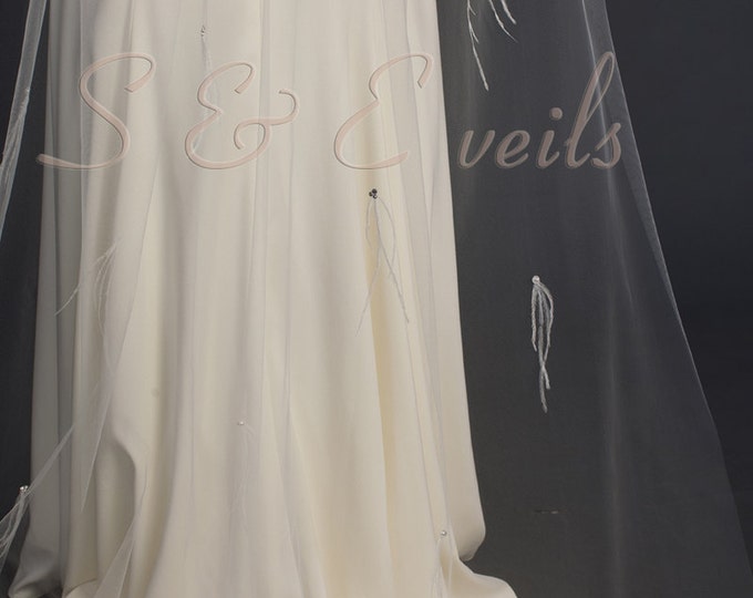 Ready to ship: White color Cathedral veil features feathers and pearls, bridal veil, accessories