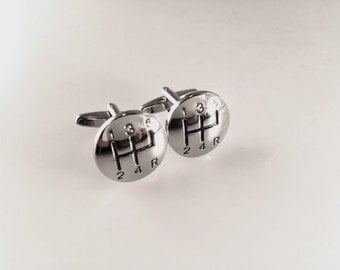 MENDEPOT Matte Silver Tone Round 6 Speed Car Gear Shift Cufflinks With