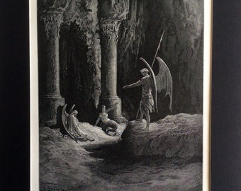 1870 SATAN GATES HELL Antique Engraving Gustave Doré Bible1st Edition Milton Paradise Lost