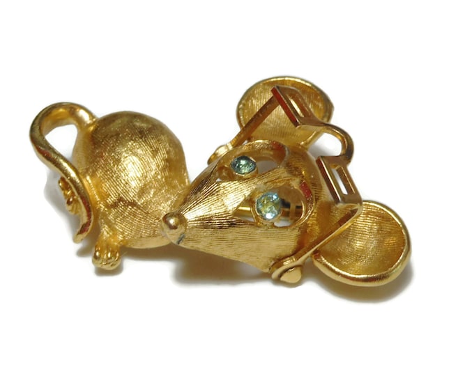 FREE SHIPPING Avon mouse brooch, gold with blue rhinestone eye, moveable articulated glasses, glasses move up and down, scatter pin