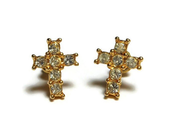 Trifari cross earrings, small 1980s 14K gold post rhinestone cross post earrings, stud earrings on original card