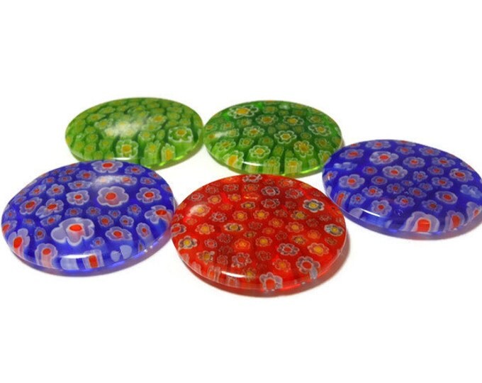 Millefiori glass pendant, focal or drop choice, blue or red, 35mm round, top half drilled, large