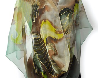 Brown green floral scarf/Hand painted silk chiffon scarf/Painting on hand flowers/Woman accessory/Gift for woman/Hand painted silk scarf