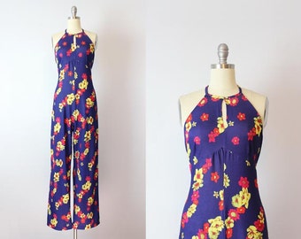 vintage 80s jumpsuit / 1980s floral print jumpsuit / halter neck keyhole jumpsuit / wide leg romper / ESPIRIT de CORP jumpsuit