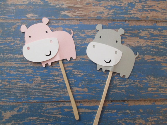 Pale Grey/Pink Hippo Cupcake Toppers- Cupcakes, Hippo theme, Hippo cupcakes, safari theme, safari cupcakes, its a girl, girl jungles Il_570xn