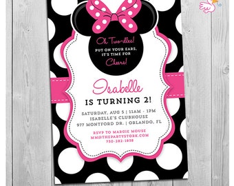 Minnie Mouse 2nd Birthday Invitations | Printable Girls Party Invitation | Black White Polka Dots and Pink | Second Birthday | Oh Two-dles