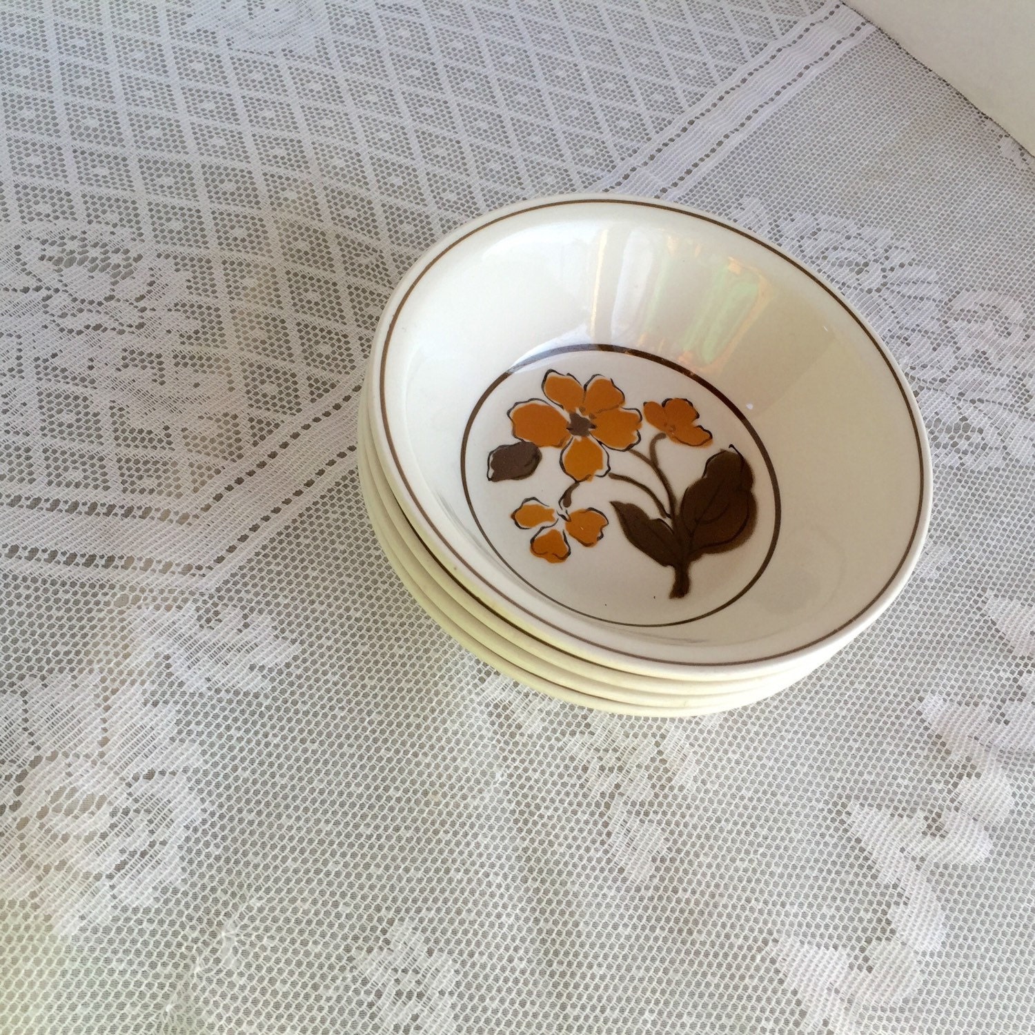 Vintage Ceramic White and Brown Stoneware Cereal Bowls in