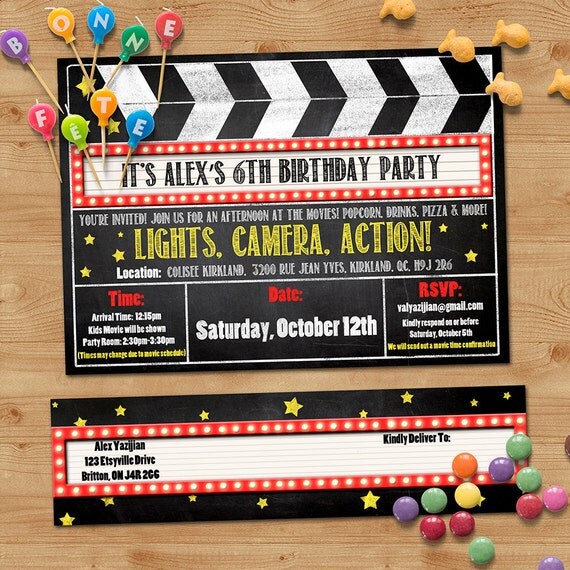 Movie Birthday Party Invitation with Wrap Around Address Labels - Movies, Clipboard, Marquee, Chalkboard - Custom, Printable Designs Il_570xn
