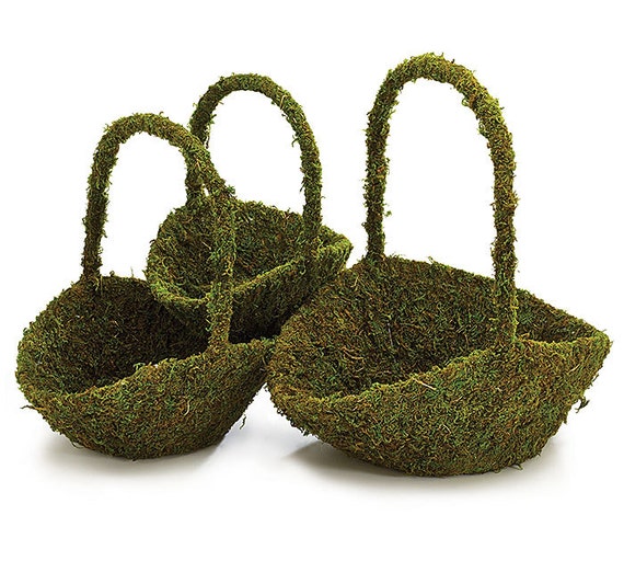 Green Moss Baskets Set of 3 Wire Framed Baskets Covered with
