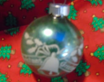 vintage blue Shiny Brite Christmas greeting with a bell