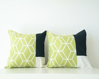 2 Braemore Linen Pillow Covers, 16x16," Set, Color Block, Fresh Green, Pair Patchwork Cushion Covers, Contemporary Decor, Designer Fabric