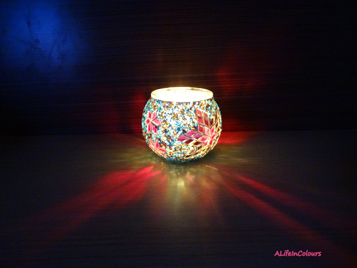 Handmade unique Turkish colourful glass mosaic candle holder