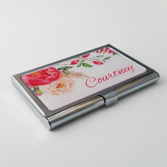 Personalized Business Card Holder Custom Pink Peonies