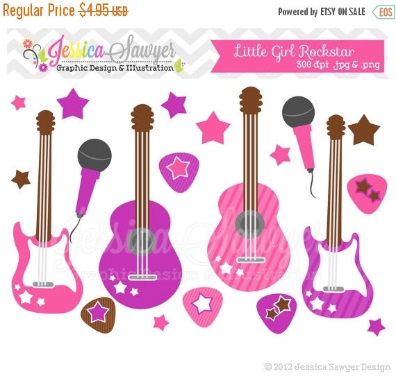 80% OFF - INSTANT DOWNLOAD, Little girl rockstar clip art - guitar clipart - baby shower graphics - digital scrapbook - invitation - stars Il_570xn