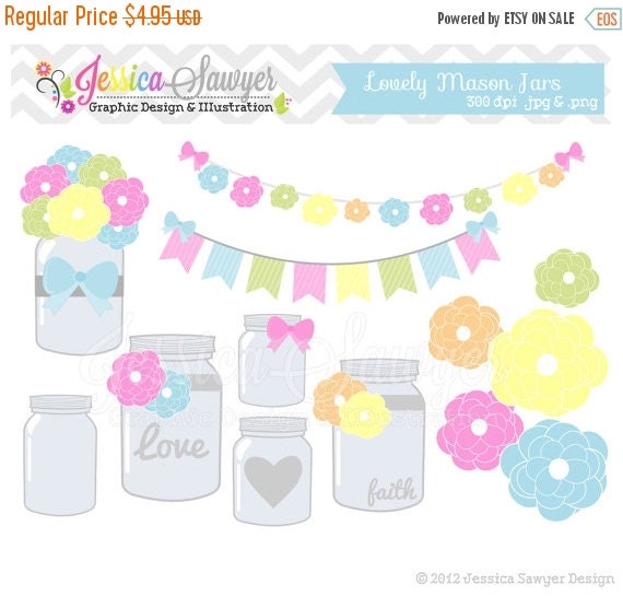 80% OFF - INSTANT DOWNLOAD, Mason jar clipart - vintage wedding - bunting banner - patterned- commercial use - flower - digital element Il_570xn