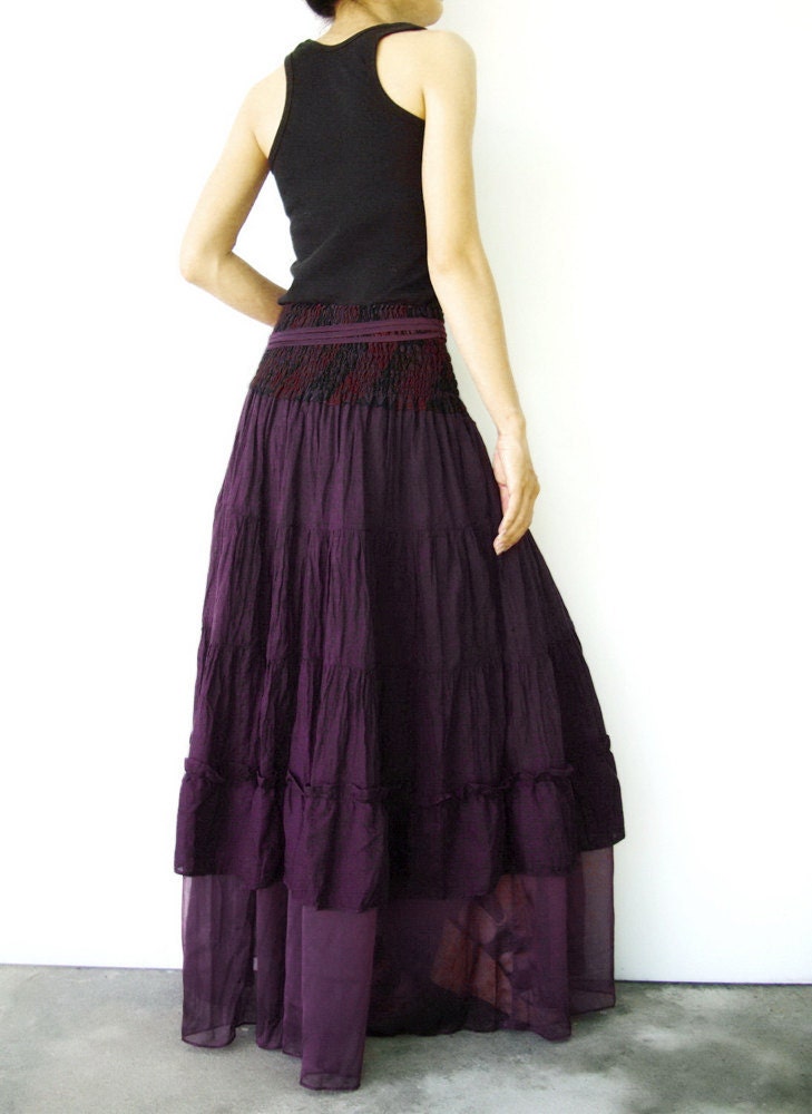 NO.36 Dark Purple Cotton Tiered Peasant Skirt Long by JoozieCotton