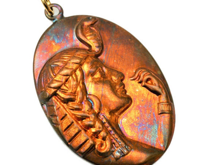 Copper Brass pendant - head with snake headdress - Egyptian Revival - oval pendant - Tribal - pendant supply