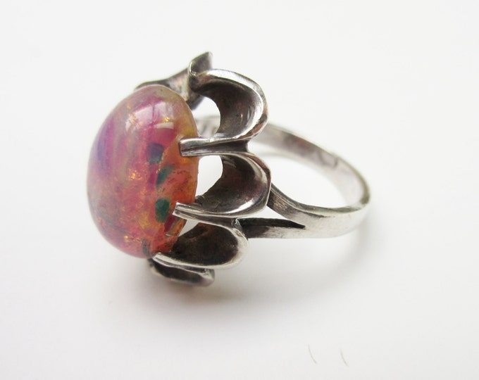 Sterling Pink opal Glass ring size 7 sterling silver flower pink art glass cabochon