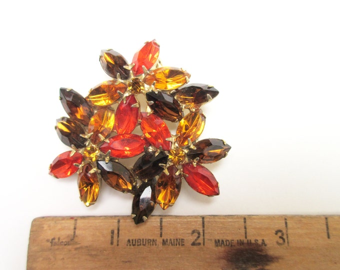 Rhinestone Brooch - Brown orange and Citrine - Domed - Floral Flower pin