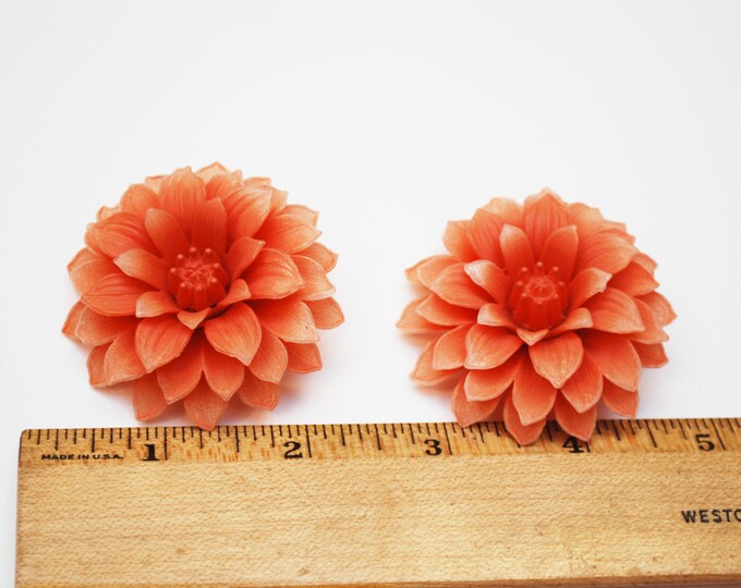 Coral Flower Clip on earrings Vintage plastic layerd petal floral