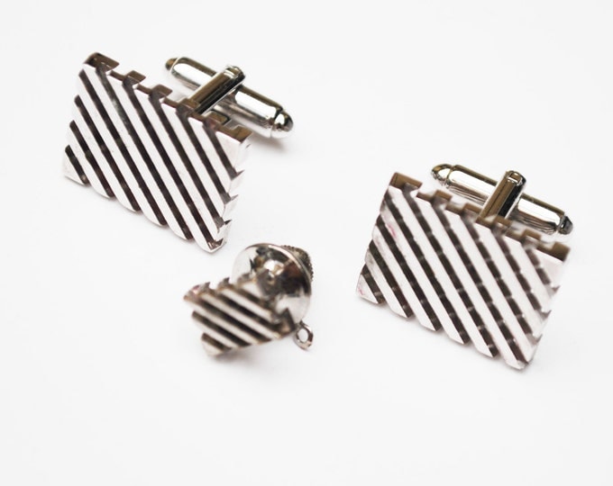 Silver cuff link Tie tack set - Signed Dante - modern -Retangle - cufflinks