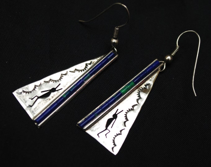 Azurite earrings - Sterling silver - tribal Triangle - dangle earrings - blue green gemstone