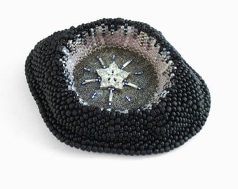 Rhinestone Star Brooch, Contemporary Jewelry, Black Silver Necklace, Statement Jewelry, Unique Beadwork Brooch, German Bead Art Jewelry