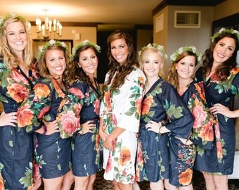 Set of 7 Floral Kimono Crossover patterned Robe Wrap - Bridesmaids gift, Robe, Bridesmaid Robes, Bridal shower favors, baby shower