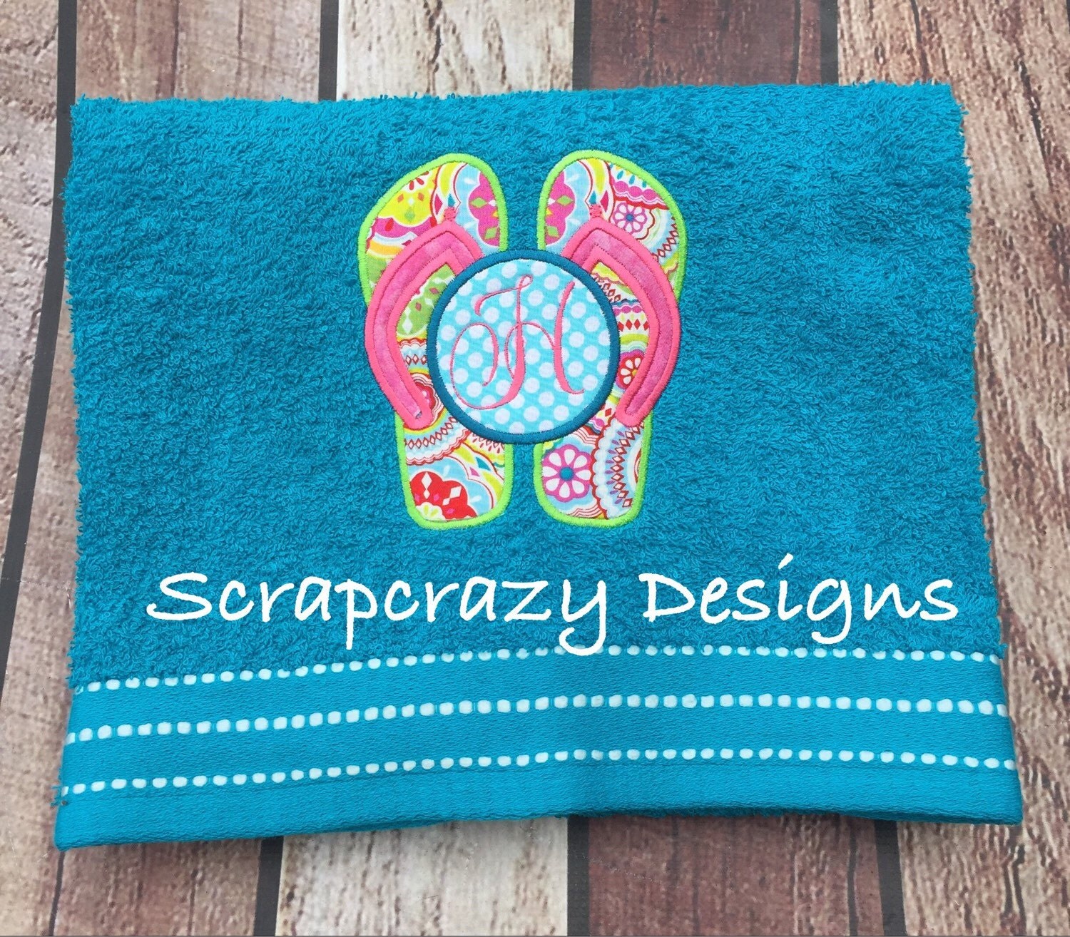 Flip flop applique beach towel personalized by ScrapCrazyDesigns