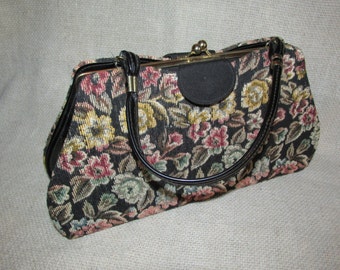 Vintage 3 in 1 Convertible Purse HANDBAG Black Tapestry Satin and Patent Leather Look Changeable Covers