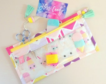 Notions Case - Ice Cream and Chevrons - cross stitch - Sweet Summer Sweets collection, kawaii food, embroidery, handmade
