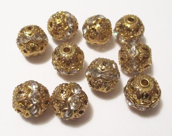 10 x Golden Rhinestone Bead, Size 10mm