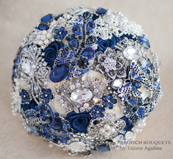 Navy blue and Silver wedding brooch bouquet