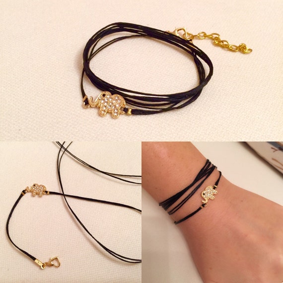 5 Wrap Black String Elephant BraceletGold Plated Elephant