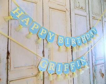 Happy Birthday Banner, Boys Name Banner Optional, Embossed Yellow and Blue Banner with Tulle, Boys 1st Birthday Decoration, Boys Name Banner