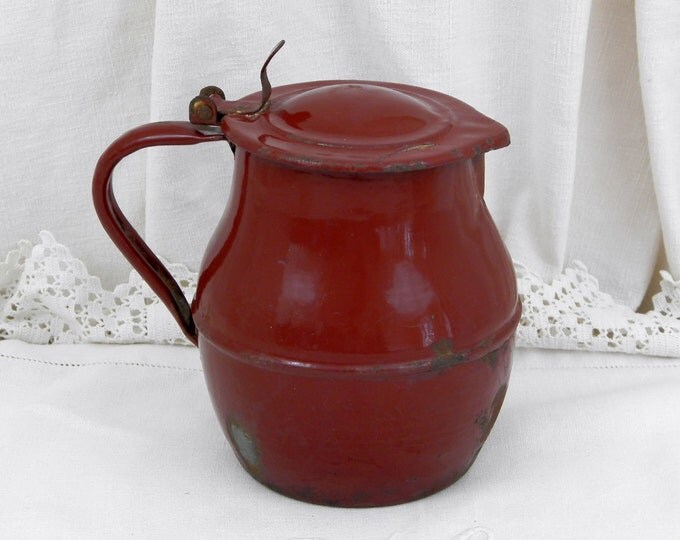 Antique French Farmhouse Chocolate Brown Enamelware Lidded Milk Jug, French Country Decor, Primitive Enamelware, Retro Pitcher, Rustic Home Antique French Farmhouse Chocolate Brown Enamelware Lidded Milk Jug, French Country Decor, Primitive Enamelware, Retro Pitcher, Rustic Home
