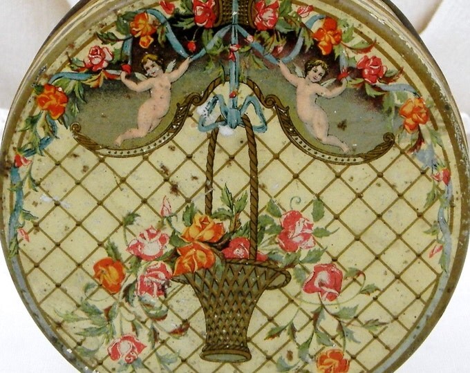 Antique French Metal Candy Tin, Les Griseldas from Nantes Illustration of Cherubs with Basket of Roses, Retro Vintage Home Decor, Country Antique French Metal Candy Tin, Les Griseldas from Nantes Illustration of Cherubs with Basket of Roses, Retro Vintage Home Decor, Country