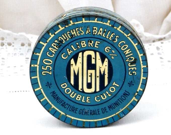 Antique French Metal Tin, Blue with Gold Lettering MGM Rifle Lead Shot, Retro Vintage Home Decor, Country, Brocante, Pellets, Industrial