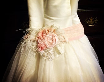 Blush pink wedding dress sash belt bridesmaids maternity sash fabric flower ivory blush pink vintage lace shabby chic feather photo bridal