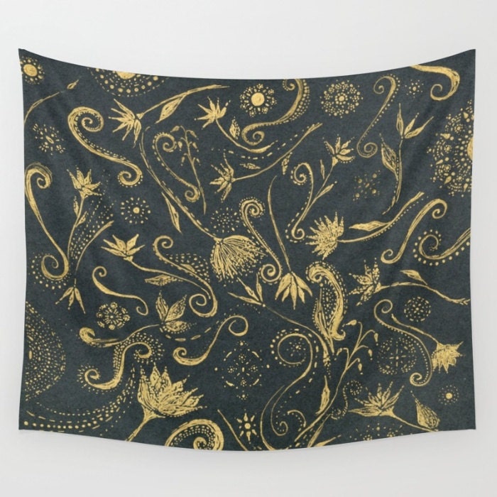 Gold & Black Floral Wall Tapestry black gold tapestry by lake1221