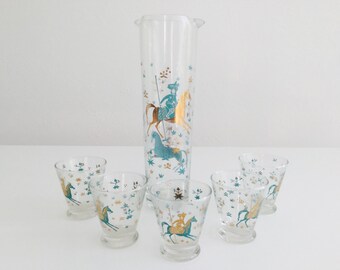 Pichet Et 3 Verres à Cocktail Maritini – Verre Givré Vert Et Or 22 Carats, Vintage