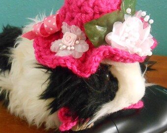Guinea Pig Easter Bonnet, Tiny Fancy Crocheted Pink Hat With Flowers For Guinea Pigs