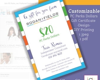 Rodan and Fields Perks Dollars Gift Certificates - Promotion - Network Marketing materials - Size 4" X 6" - Customizable - Stripes