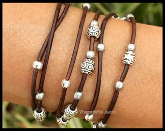 Silver Tibetan Boho LEATHER Wrap Bracelet - Beaded Leather Ropes Triple Wrap w/ Extension Chain - Pick COLOR / SIZE - Usa - 785