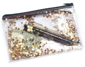 Golden star / Pencil case, Transparent wallet, Clear bag, Purse organizer, glitter bag