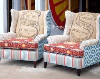 Custom Order- Upholstered Vintage Wingback Club Chairs - "Fiesta Sac Union Wingbacks" - Price per Chair