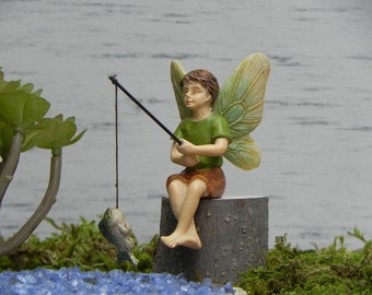 Fairy Garden Accessories Fishing Boy Fairy Figurine - miniature accessory - terrarium supply - fairy accessories - gone fishing wood stump