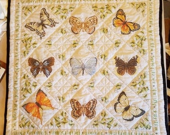 Cross Stitched/Embroidered "Butterfly" Heirloom Lap Size Quilt (44inx44in)