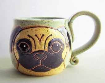 Pug Mug Pottery, great Christmas Day gift, ceramic mug, pug gift, pottery mug, animal art, dog mug, holds 13 oz, microwave, dishwasher safe